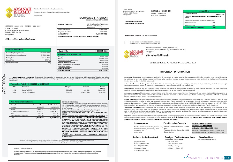 Philippines Al Amanah Islamic Investment bank mortgage statement in Word and PDF formats 1 2